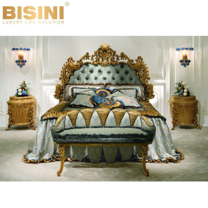 Luxury PRIVATE Custom French Style Royal Palace Master Bedroom Handcrafted Wood Carved and Fabric Double Bed and Bench