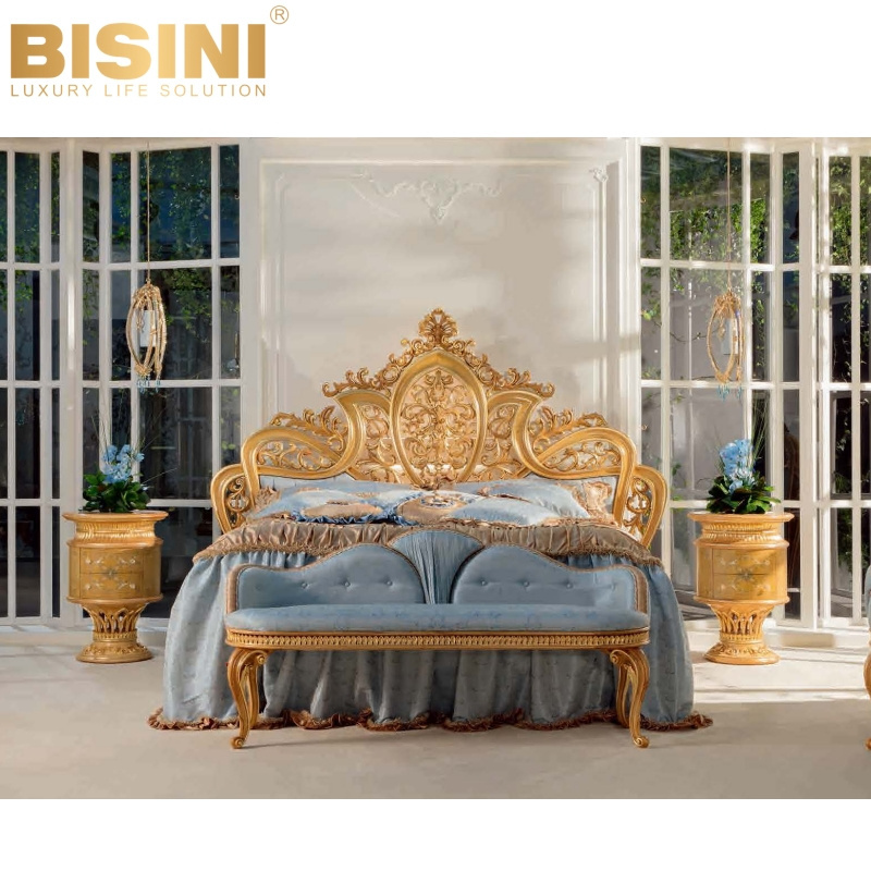 BISINI Custom French Style Royal Palace Master Bedroom Set Luxury Handcrafted Wood Carved King Crown Double Bed