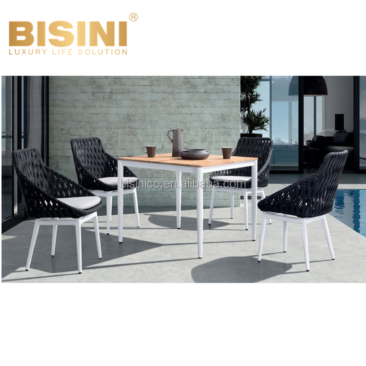 Nordic Style Black Rope Rattan Wicker and Metal Aluminum Arm Chair and Wood Rectangle Table Outdoor Garden Leisure furniture D