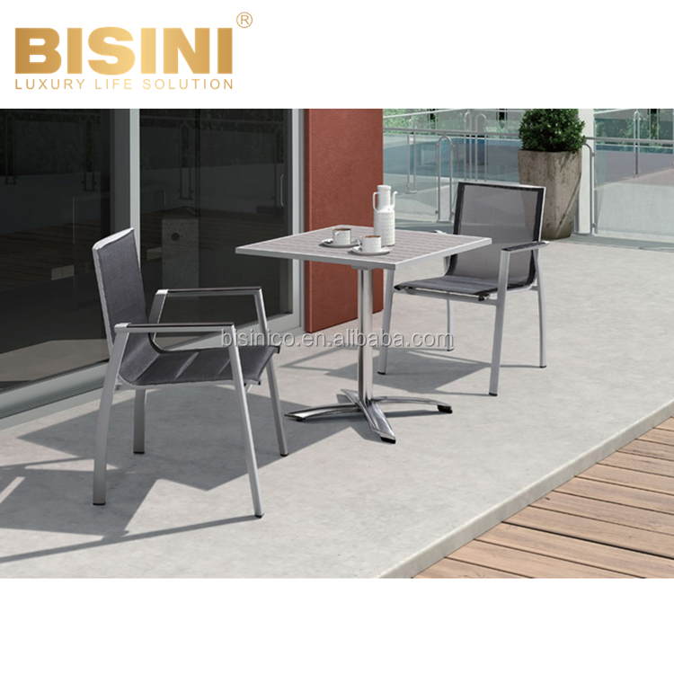 Ordinary Style Garden Leisure Dining set Outdoor Dark Gray PE Rattan Aluminum Round Side Table and 2 Arm Chairs