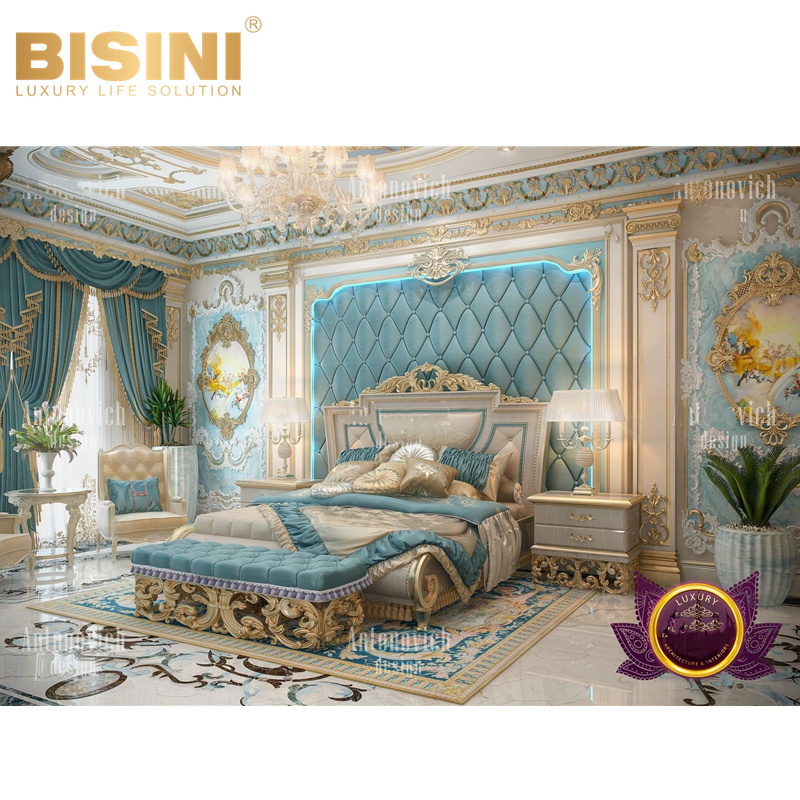 Luxury Custom French Style Palace Whole Bedroom Set Wood Carved Blue Curtains Double Bed and Bench Set