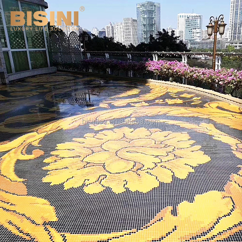 Luxury European Style Lavish Black and Gold Fancy Floral Pattern Inlaid Mosaic Tile for Hanging Garden Veranda