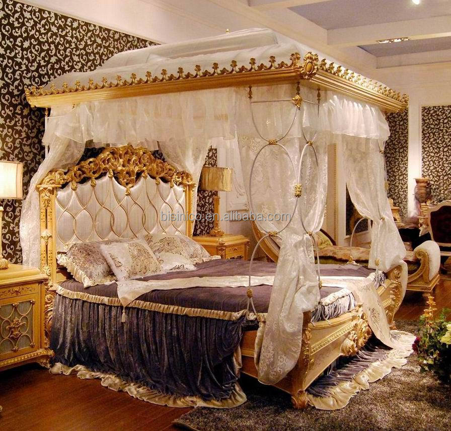 Luxury French Rococo Style Wood Carved Marquetry Canopy Bed/ Royal Four Poster King Size Bed/ Fancy European Bedroom Furniture