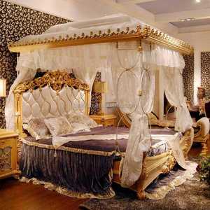 Luxury French Rococo Style Wood Carved Marquetry Canopy Bed/ Royal Four Poster King Size Bed/ Fancy European Bedroom Furniture