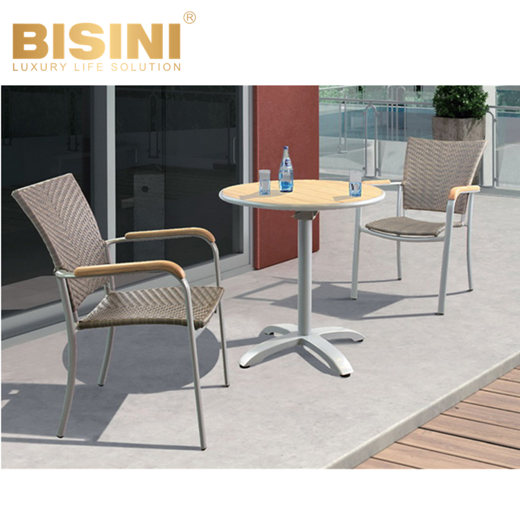 Ordinary Style Garden Leisure Dining set Outdoor Dark Gray PE Rattan Aluminum Round Side Table and 2 Arm Chairs