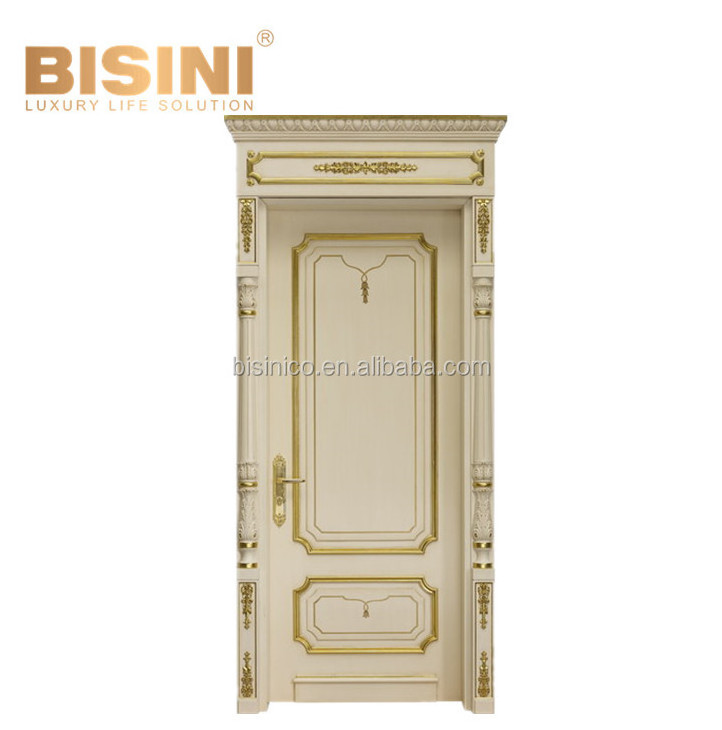 Exquisite Solid Wood Bedroom Entry Door, Hand Painted Palace Single Swing Door Wooden White Door With Gold Leaf