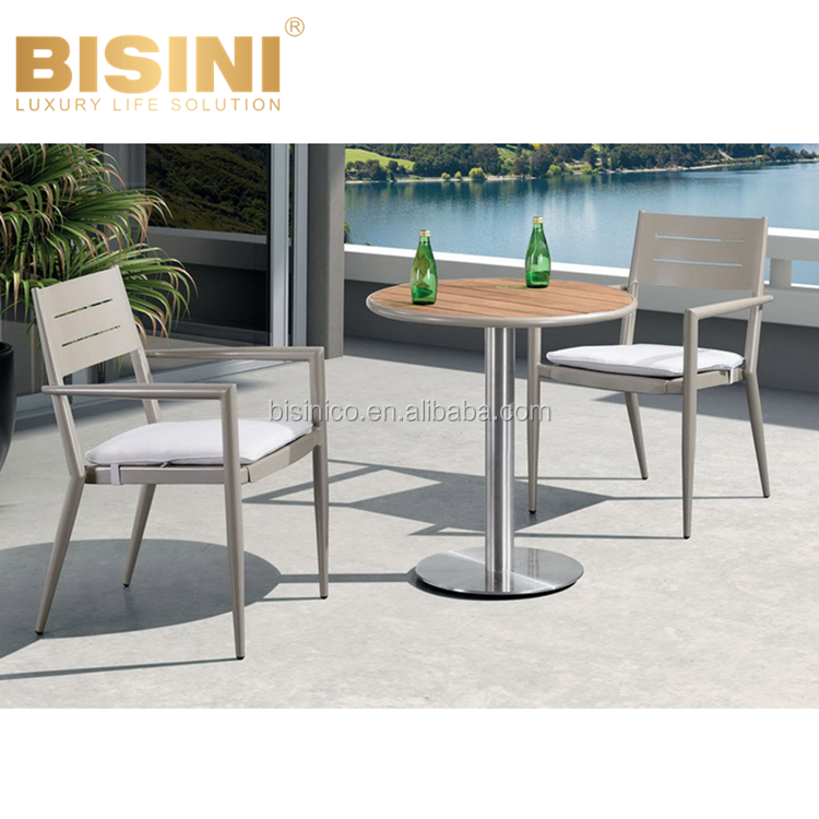 Simple Nordic Style Outdoor Cool Grey Aluminum Round Side Table Wood Top and 2 Chairs Garden Leisure Dining set