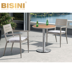 Simple Nordic Style Outdoor Cool Grey Aluminum Round Side Table Wood Top and 2 Chairs Garden Leisure Dining set