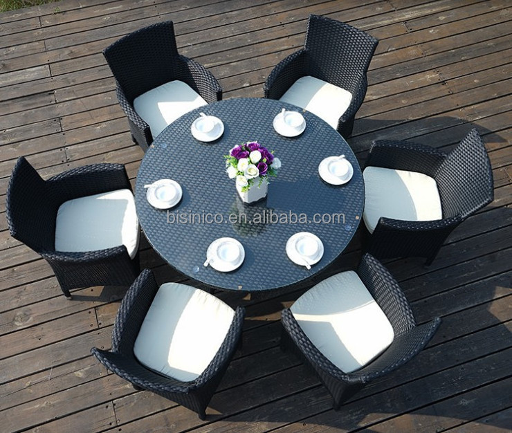 Outdoor Round Rattan Table with 6 Chairs, Round Garden Table