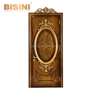 High End Classic Baroque Style Royal Golden and Brown Burl Solid Wood Carving Interior Single Swing Door for Villa