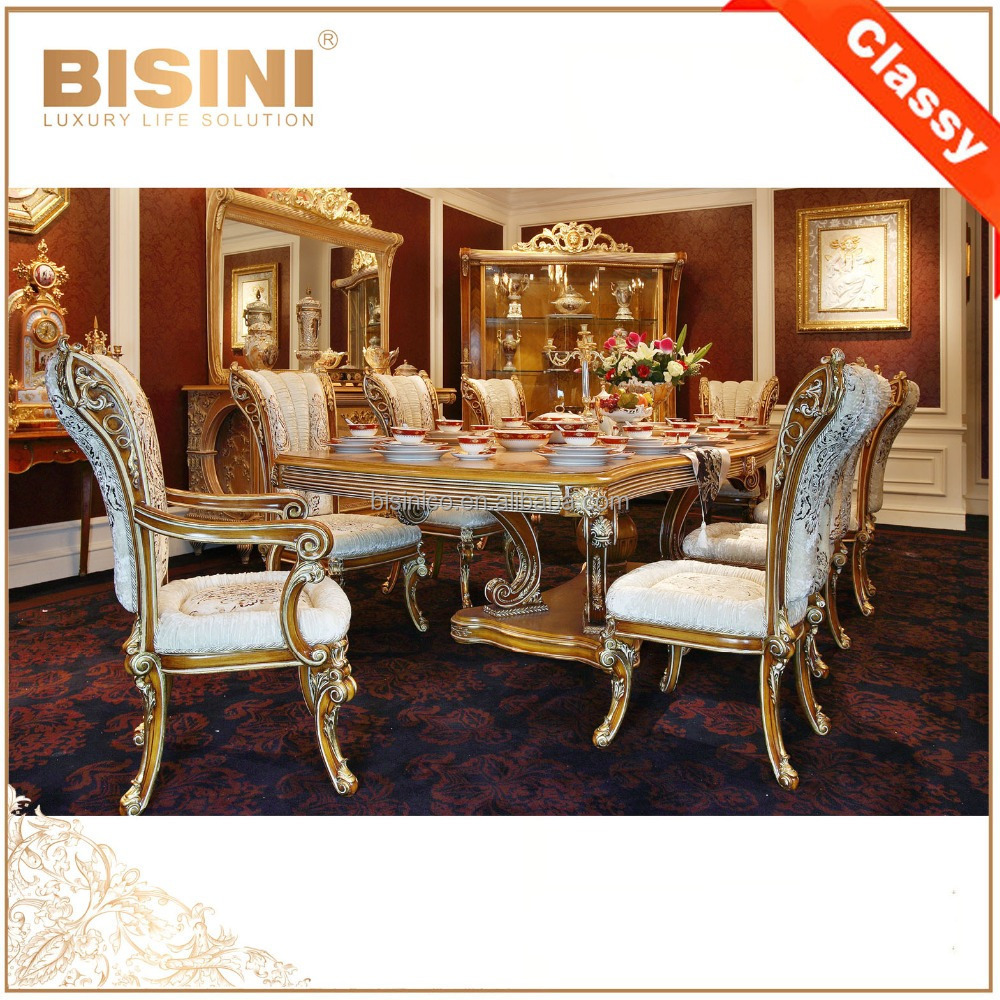 BISINI Italian Style Elegant Baroque Marquetry Dining Room Furniture / European Classic Wooden Carving Long Table For 8 People