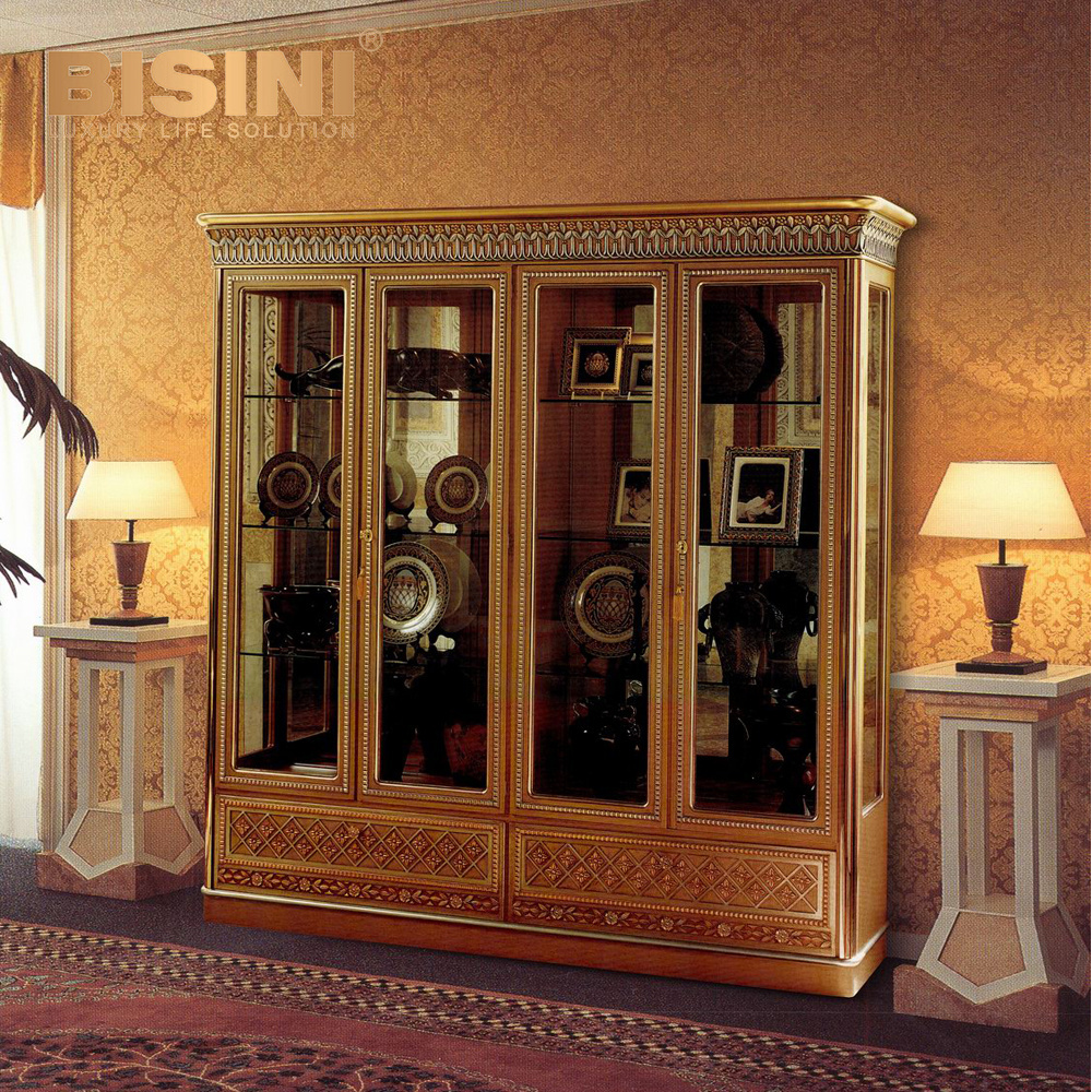 Luxury Baroque Classic Living Room Display Cabinet European Antique Cherry Wooden Glass Wine Display Cabinet Showcase