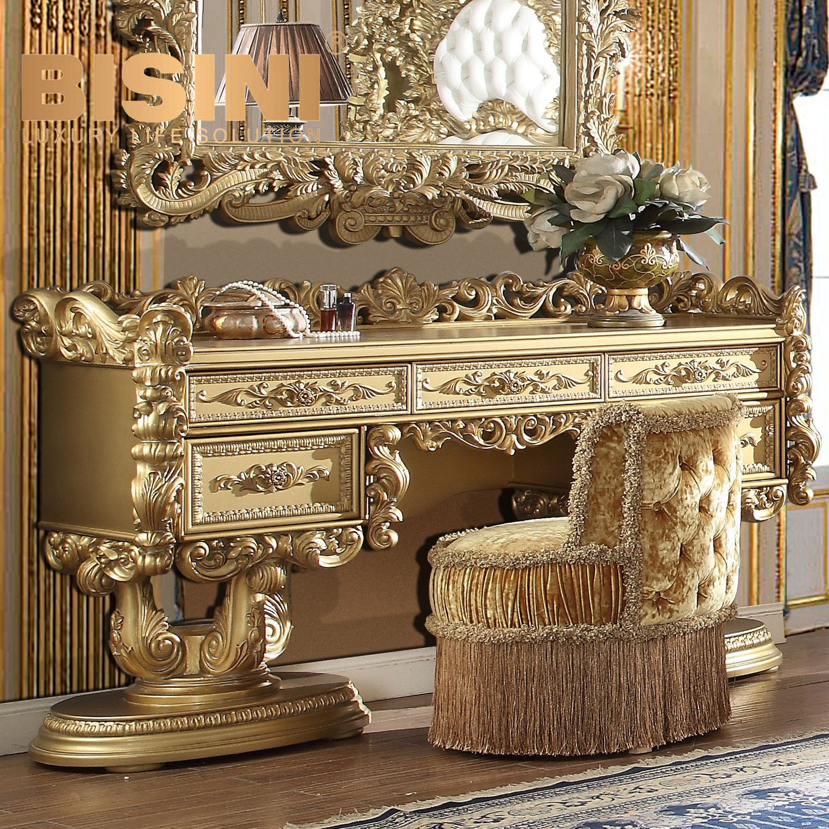 American retro light luxury solid wood double bed classical carved gold leaf bed Villa bedroom princess bed custom