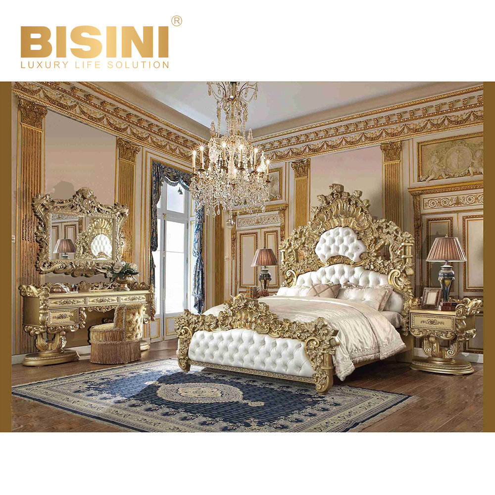 American retro light luxury solid wood double bed classical carved gold leaf bed Villa bedroom princess bed custom