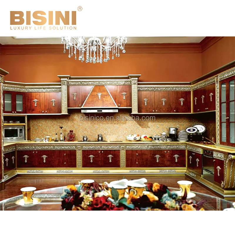 Imperial Classic Palace Image Full Gold Plated U Shaped Kitchen Cabinet with Island