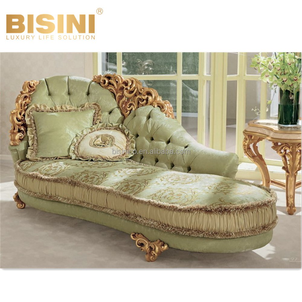 Refined Luxury Italy Rococo Style Carved Wood Chaise longue Elegant Green Fabric Leisure Royal Sofa Chair Reclining Chair