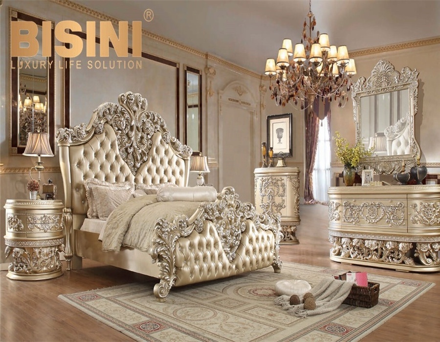 Luxurious European Natural Oak Wood 24K Gold Plated Palace Style French Wooden Throne Bedroom Furniture Set