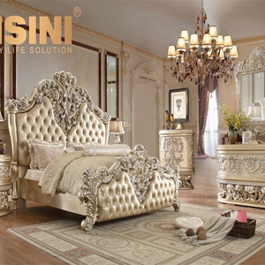 Luxurious European Natural Oak Wood 24K Gold Plated Palace Style French Wooden Throne Bedroom Furniture Set