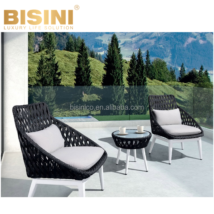 Nordic Style Black Rope Rattan Wicker and Metal Aluminum Arm Chair and Wood Rectangle Table Outdoor Garden Leisure furniture D