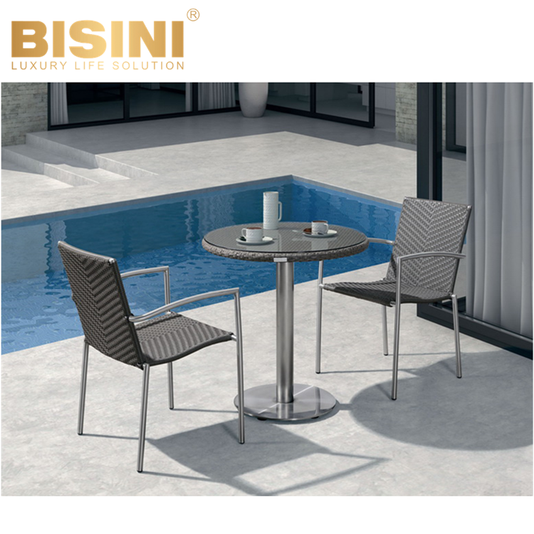 Ordinary Style Garden Leisure Dining set Outdoor Dark Gray PE Rattan Aluminum Round Side Table and 2 Arm Chairs