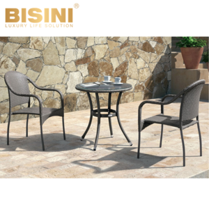 Ordinary Style Garden Leisure Dining set Outdoor Dark Gray PE Rattan Aluminum Round Side Table and 2 Arm Chairs