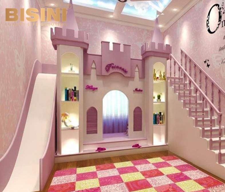 Luxurious Villa Fancy Pink Color Girl's Castle Design Wooden Bed With Stair And Slide