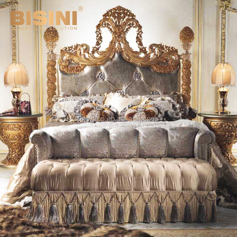 Royal Imperial French Versailles Style Gilt Wood Carving Poster Crown Bed with Canopy for Villa Master Bedroom