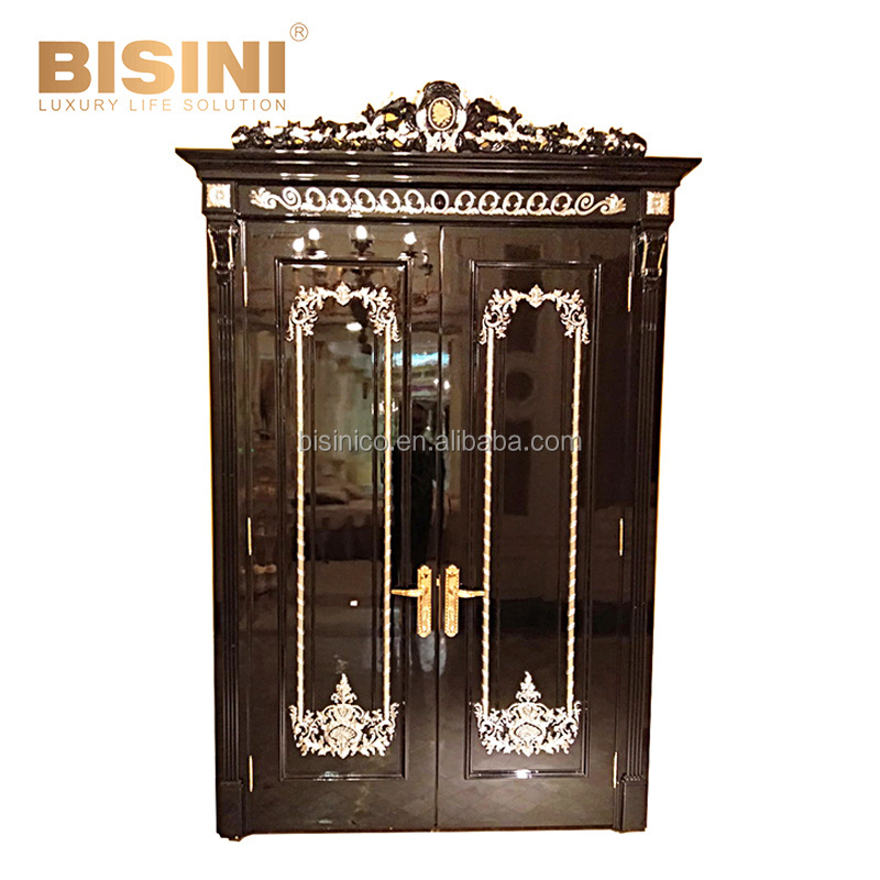 Luxurious Baroque Style Royal Golden Solid Wood Carving Interior Double Swing Door for Villa