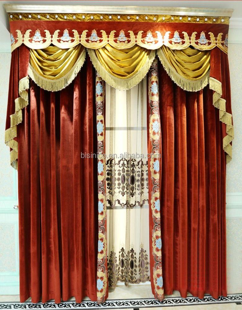 Royal Home Cinema Design Curtain, Elegant Gold and Red Velvet Curtain, Home Decorated Blackout Window Curtain