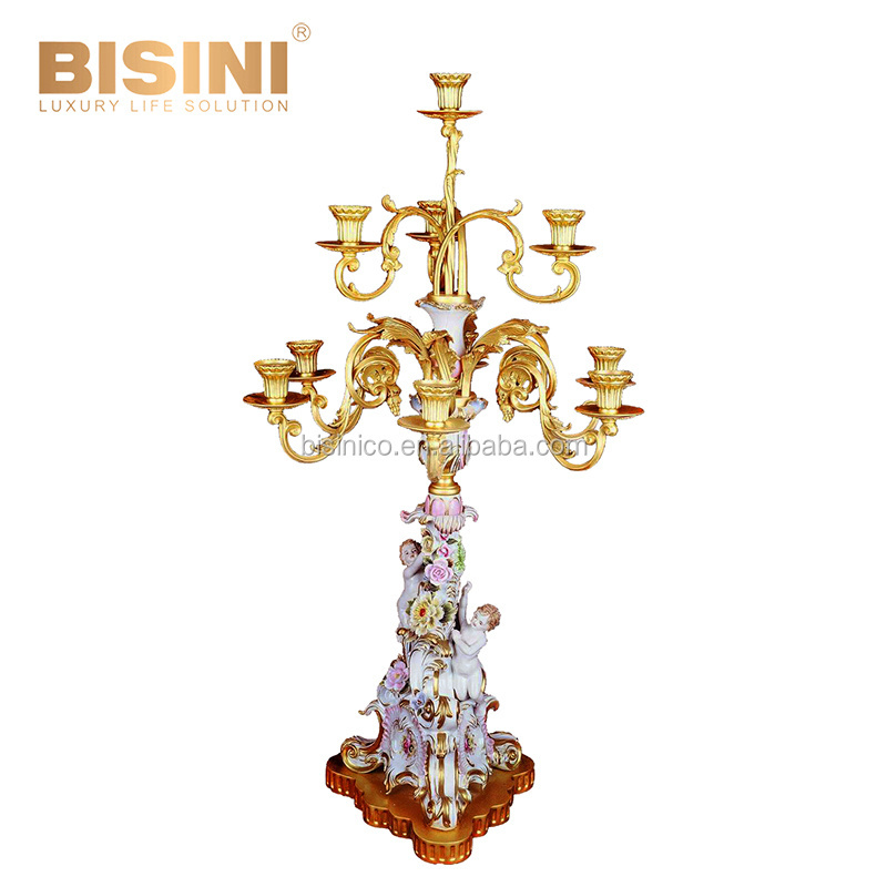 Noble Classic Artistic Handpainted Porcelain Floral Angel Gilt Brass Candelabra