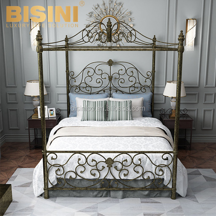 Light Deluxe English style Metal Master Bedroom Furniture Bronze Black color Cast Iron Double Bed with Canopy