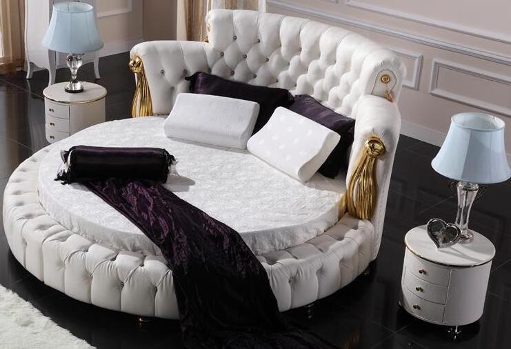 Fashion Modern Design Pure White Genuine Leather Diamond  Round Bed For Bedroom Furniture BF08-RB001