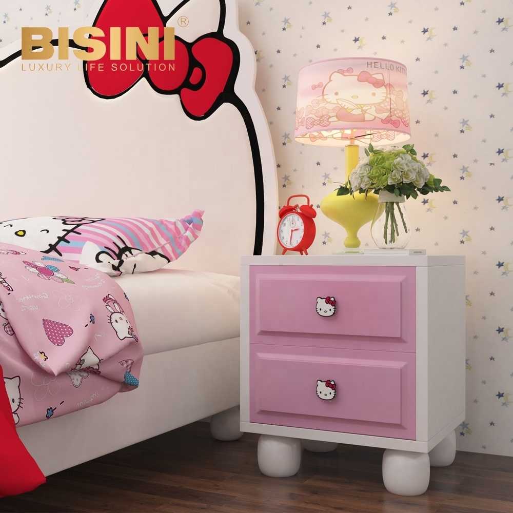 Cute Hello Kitty Kids Bed Cute Pink Girls Bed with Solid Wood Nightstand