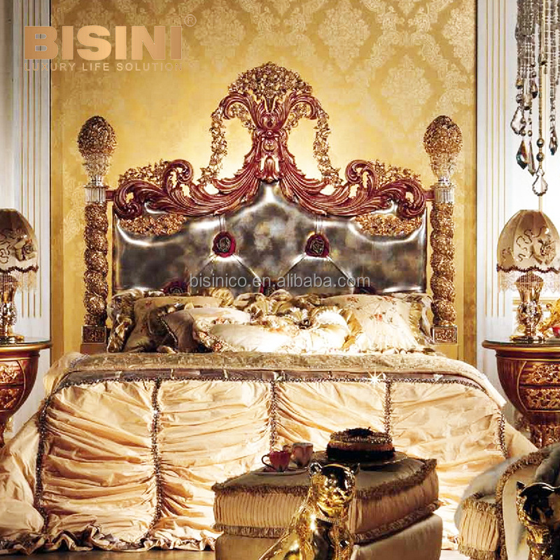 Royal Imperial French Versailles Style Gilt Wood Carving Poster Crown Bed with Canopy for Villa Master Bedroom