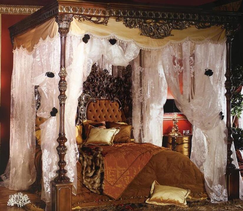 Bisini Exquisite Luxurious Retro Imperial Antique Solid Wood Hand Craved King Size Canopy For Master Bedroom BF05-0060