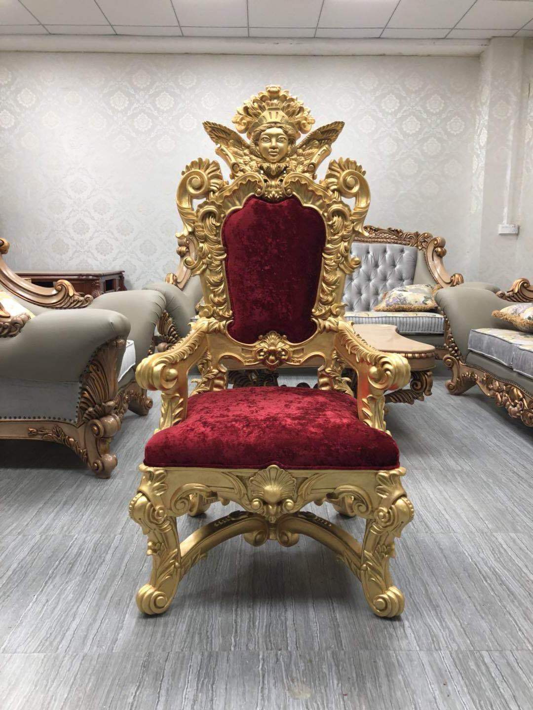 BISINI Luxurious Royal Arm Chair, Golden King Solid Wood European Hand Carved Throne, Living Room furniture BF08-10026