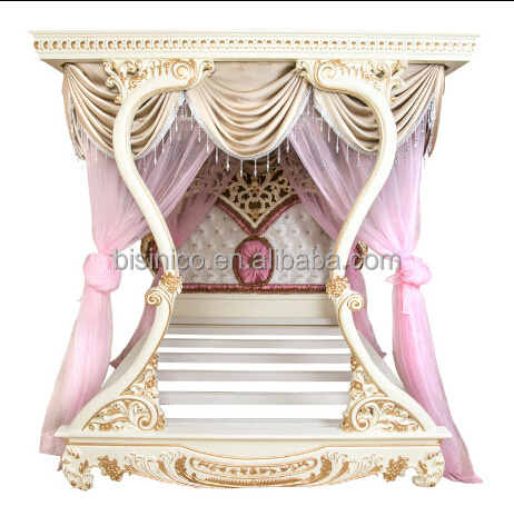 Bisini Luxury Furniture, Italian Classical Hand Carved Wooden Princess Bed, Luxury Upholstered Canopy Bed