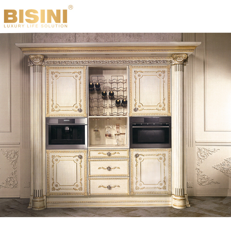 Graceful French Style Solid Wood Carved Modular Cupboard Custom Gold Leaf Kitchen Cabinets with Marble Countertop Islands