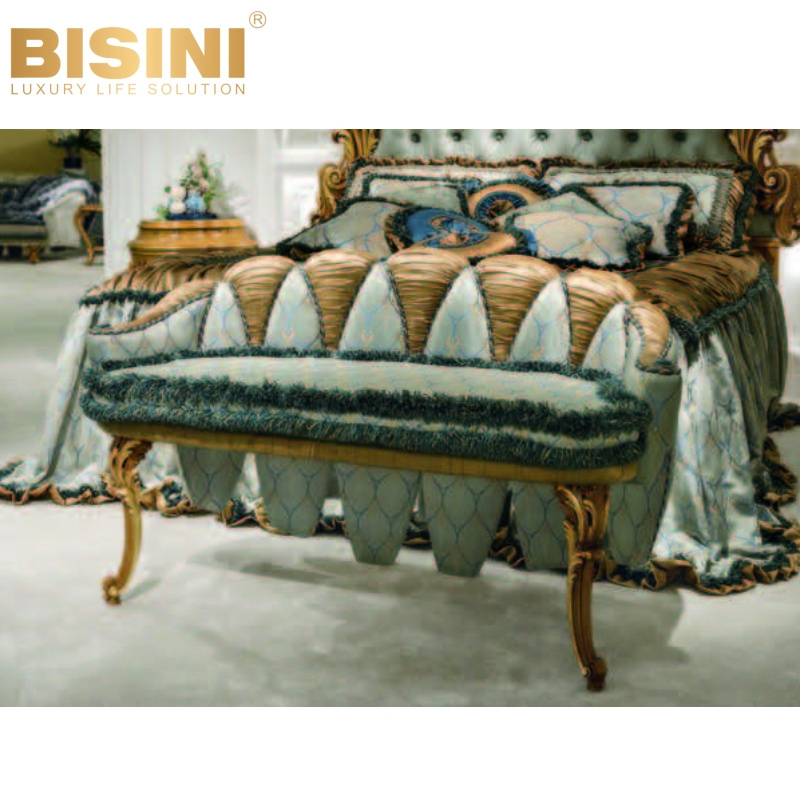 Luxury PRIVATE Custom French Style Royal Palace Master Bedroom Handcrafted Wood Carved and Fabric Double Bed and Bench