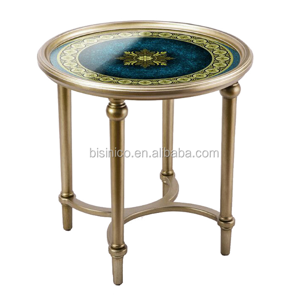 Retro Antique Solid Wood Glass Top Green Floral And Bird Hand Painted Small Coffee Table For Living Room BF05- FH004