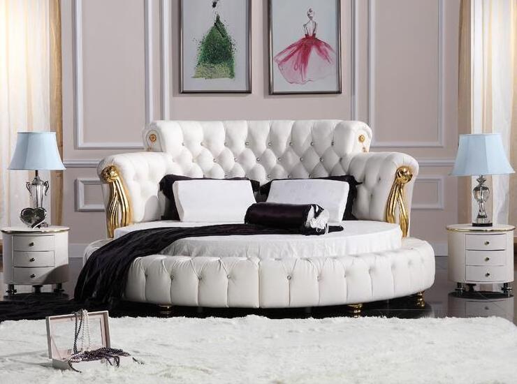 Fashion Modern Design Pure White Genuine Leather Diamond  Round Bed For Bedroom Furniture BF08-RB001