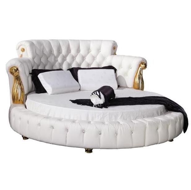 Fashion Modern Design Pure White Genuine Leather Diamond  Round Bed For Bedroom Furniture BF08-RB001