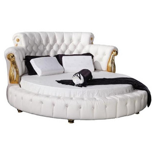 Fashion Modern Design Pure White Genuine Leather Diamond  Round Bed For Bedroom Furniture BF08-RB001