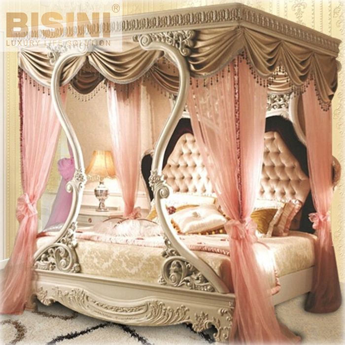 Bisini Luxury Furniture, Italian Classical Hand Carved Wooden Princess Bed, Luxury Upholstered Canopy Bed