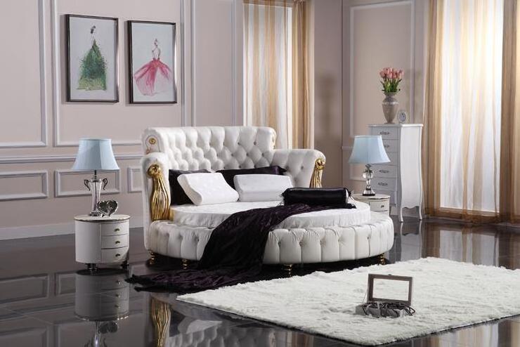 Fashion Modern Design Pure White Genuine Leather Diamond  Round Bed For Bedroom Furniture BF08-RB001