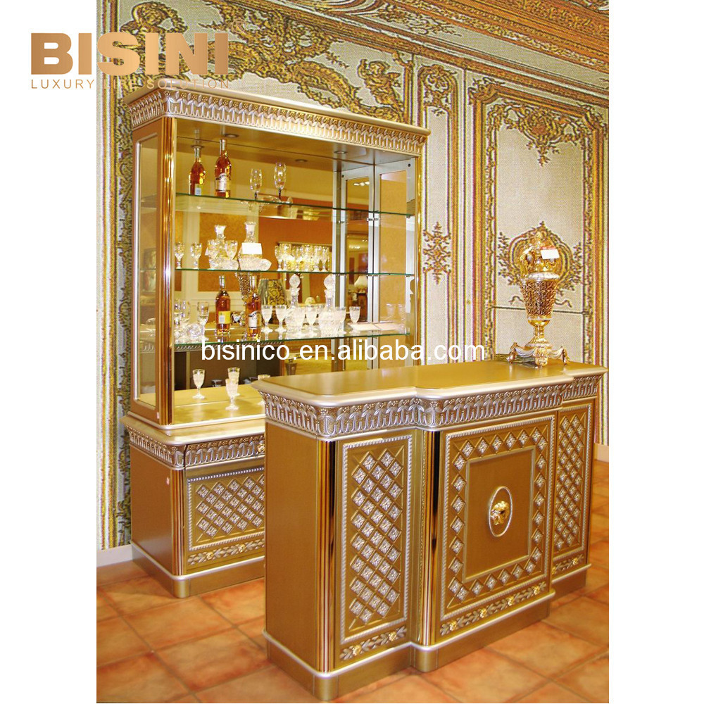 French Rococo Solid Wood Gold Leaf 4 Doors Wine Cabinet Dining Room Hand Carved Storage Showcase