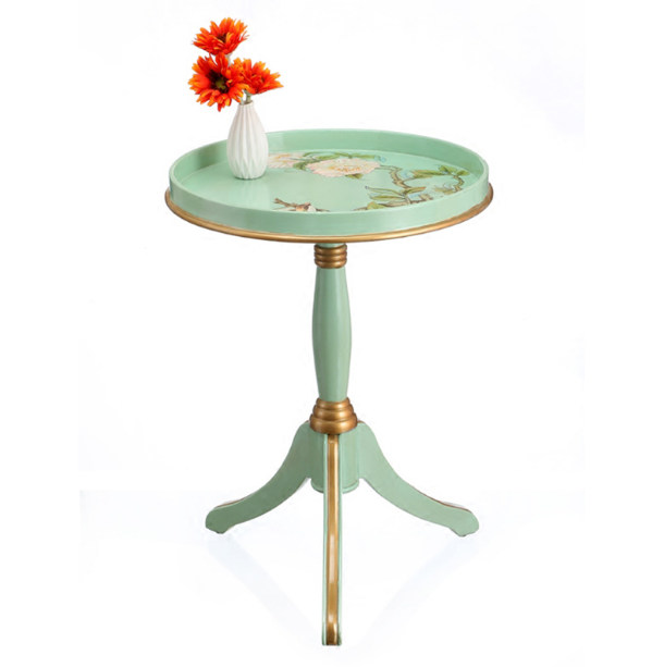 Retro Antique Solid Wood Glass Top Green Floral And Bird Hand Painted Small Coffee Table For Living Room BF05- FH004