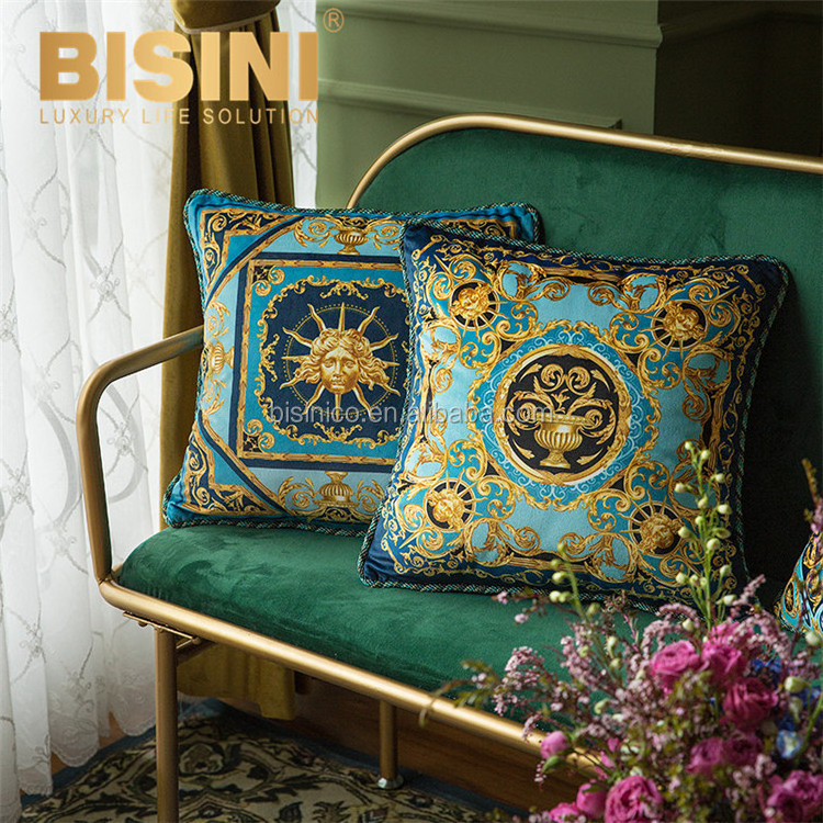 Rococo Style Golden Arabesque Helios design Gold Vase Bedroom Cushions Luxury Short Velvet Embroidered Border Pillows