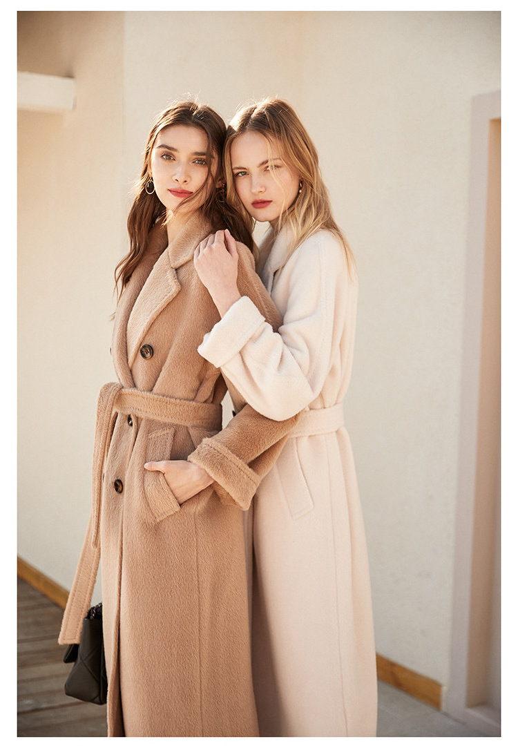 Wholesale top quality luxury thick double breasted belted ladies winter long coat alpaca wool cashmere coat women