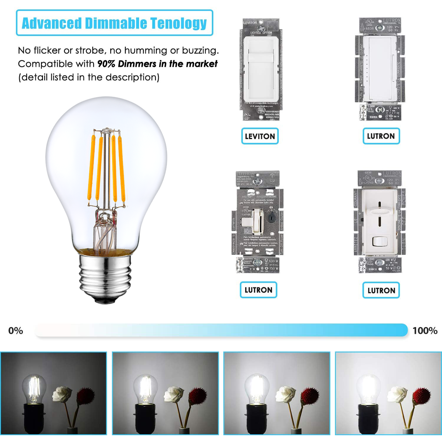 A19 E26 Filament Led Bulb 2/4/6/8W High Lumen Glass Vintage Bulb Lamp 120V Filament Bulbs with ES UL